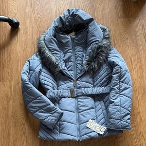 Maralyn & Me Quilted Jacket with Faux Fur Trim - Blue NWT size large